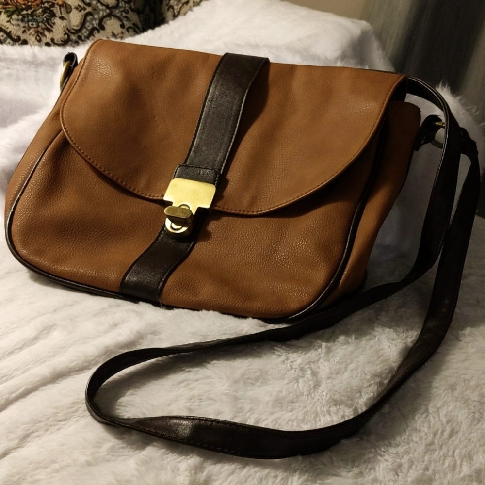 Merona|Brown Faux Leather Satchel Inner Zippered Pocket and Back Zippered Pocket